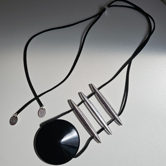 Marla Wynne HCN LG Stmt Necklace Black w/ Silver Metal Bars Fairy Goth Elegant - Picture 4 of 14